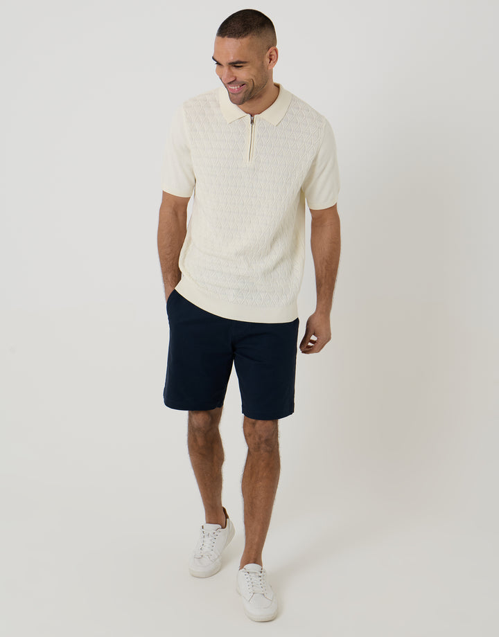 Threadbare Diamond Cable Knit Quarter Zip Polo in Ecru - full body