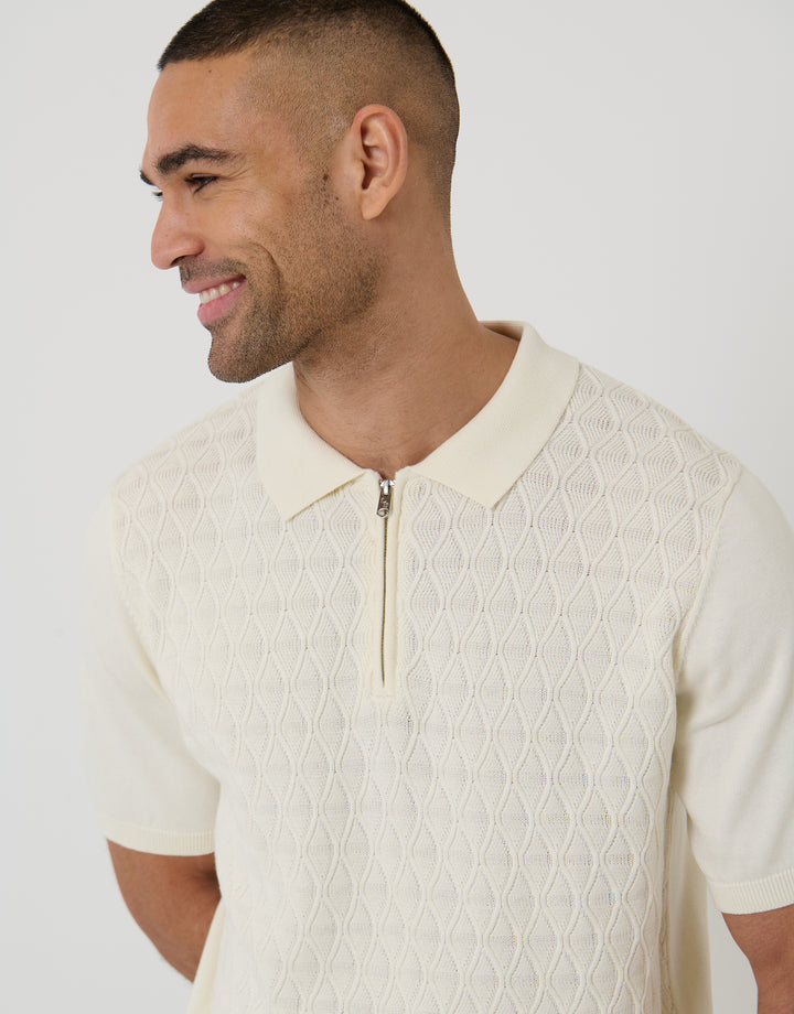 Threadbare Diamond Cable Knit Quarter Zip Polo in Ecru - front view close up