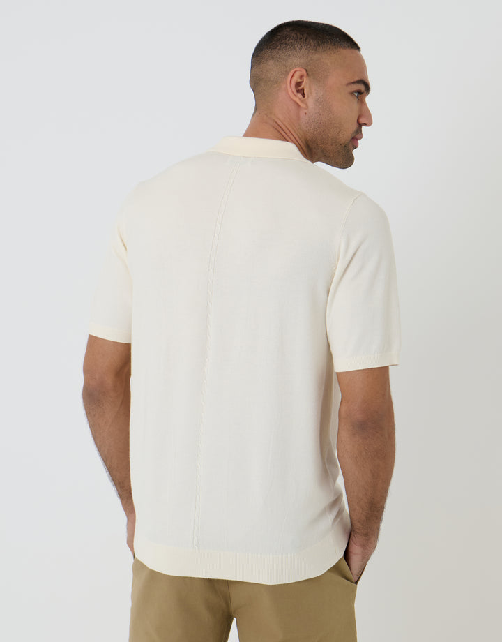 Threadbare Cable Knit Quarter Zip Polo in Ecru - back view