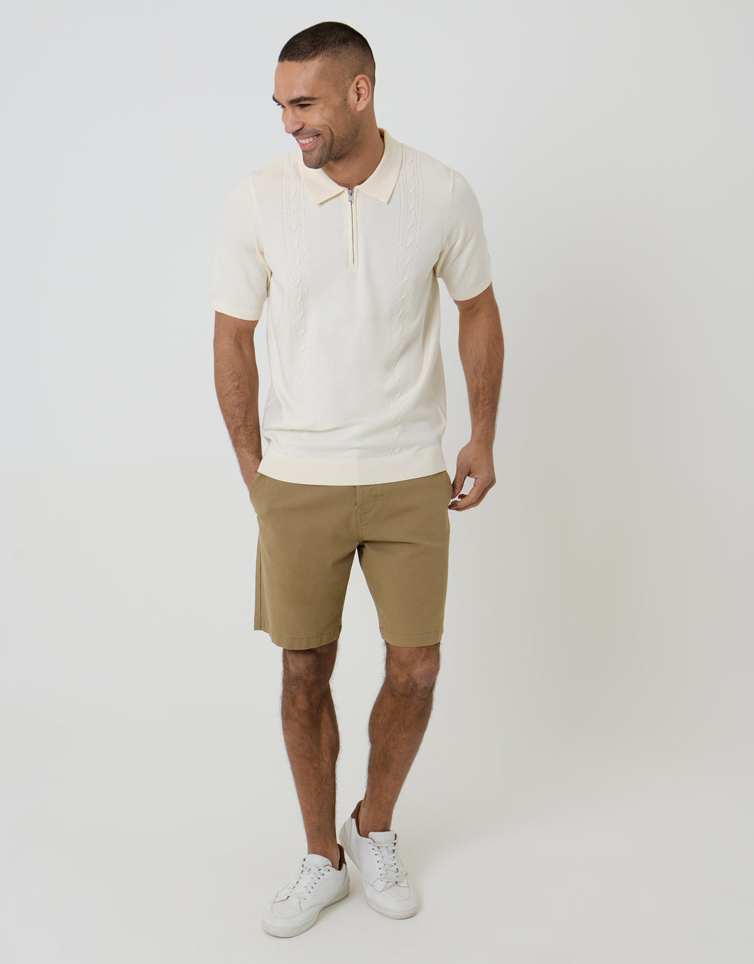 Threadbare Cable Knit Quarter Zip Polo in Ecru - full body