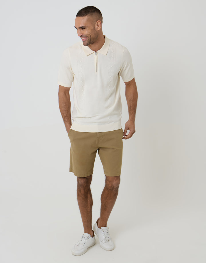 Threadbare Cable Knit Quarter Zip Polo in Ecru - full body