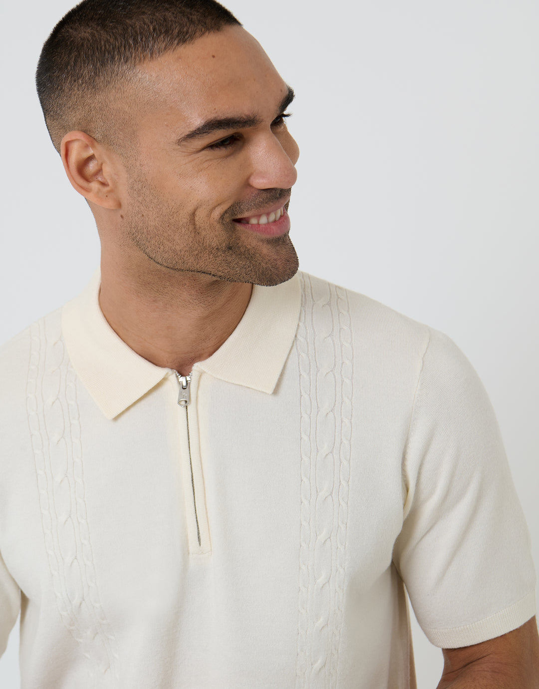 Threadbare Cable Knit Quarter Zip Polo in Ecru - collar close up