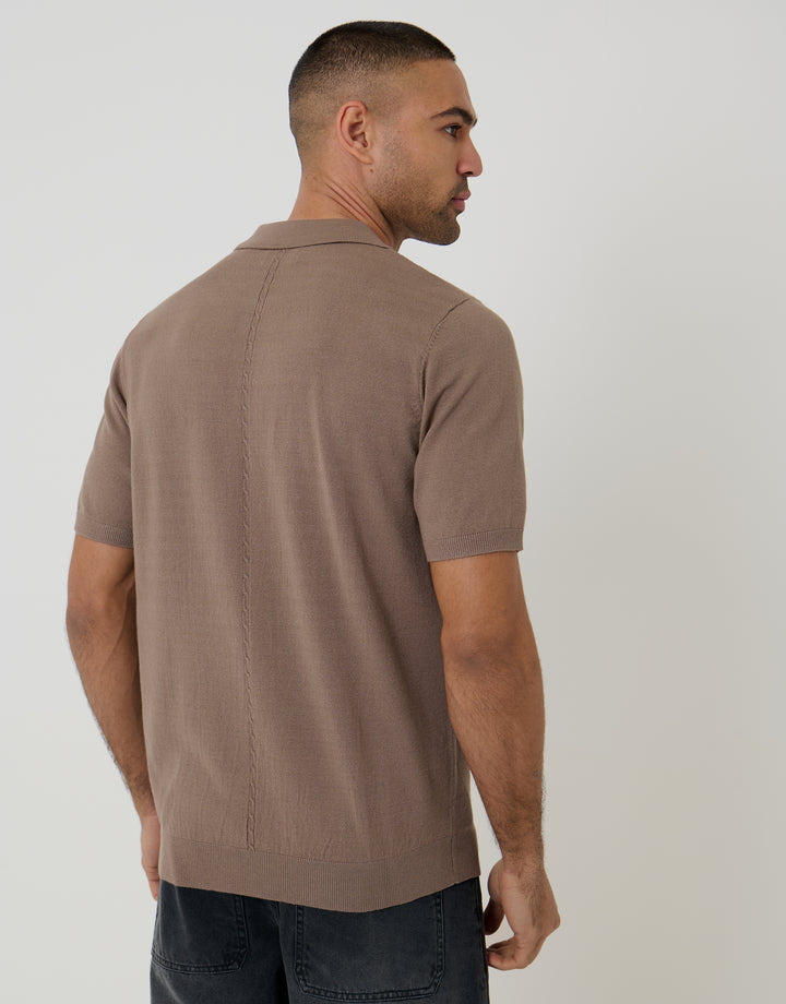 Cable Knit Quarter Zip Polo in Taupe