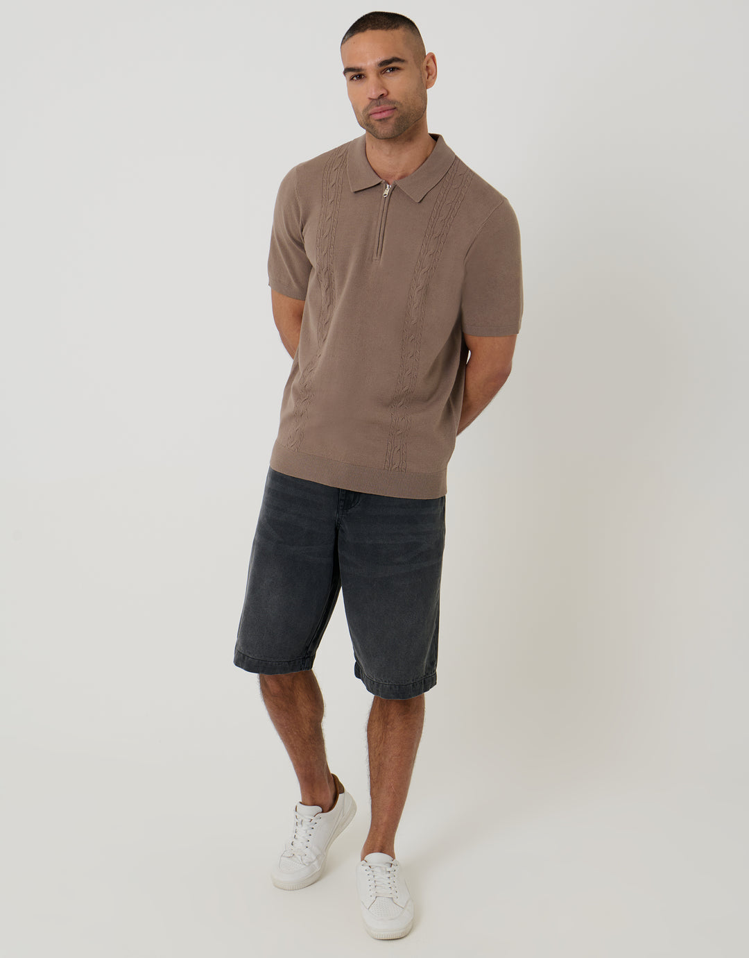 Cable Knit Quarter Zip Polo in Taupe