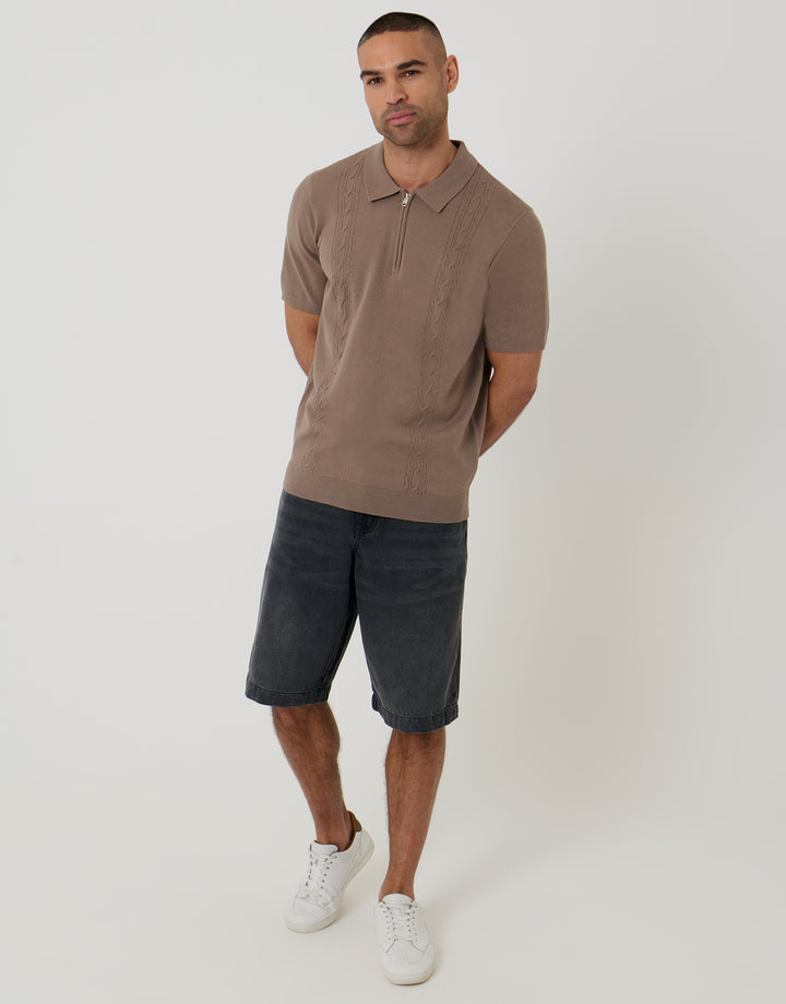 Cable Knit Quarter Zip Polo in Taupe