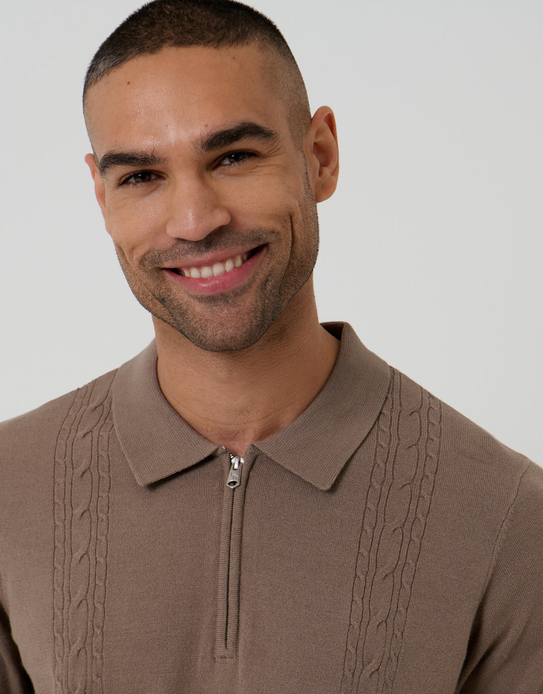 Cable Knit Quarter Zip Polo in Taupe