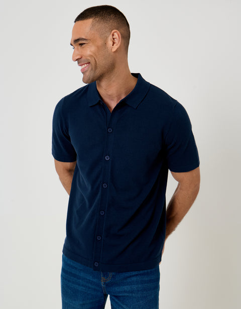 Threadbare Knitted Short Sleeve Shirt in Navy - front view