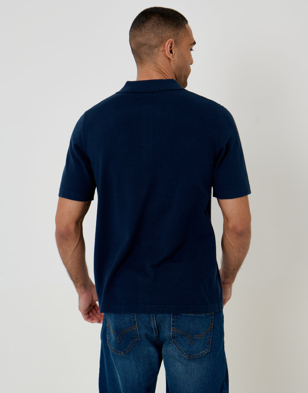 Threadbare Knitted Short Sleeve Shirt in Navy - back view