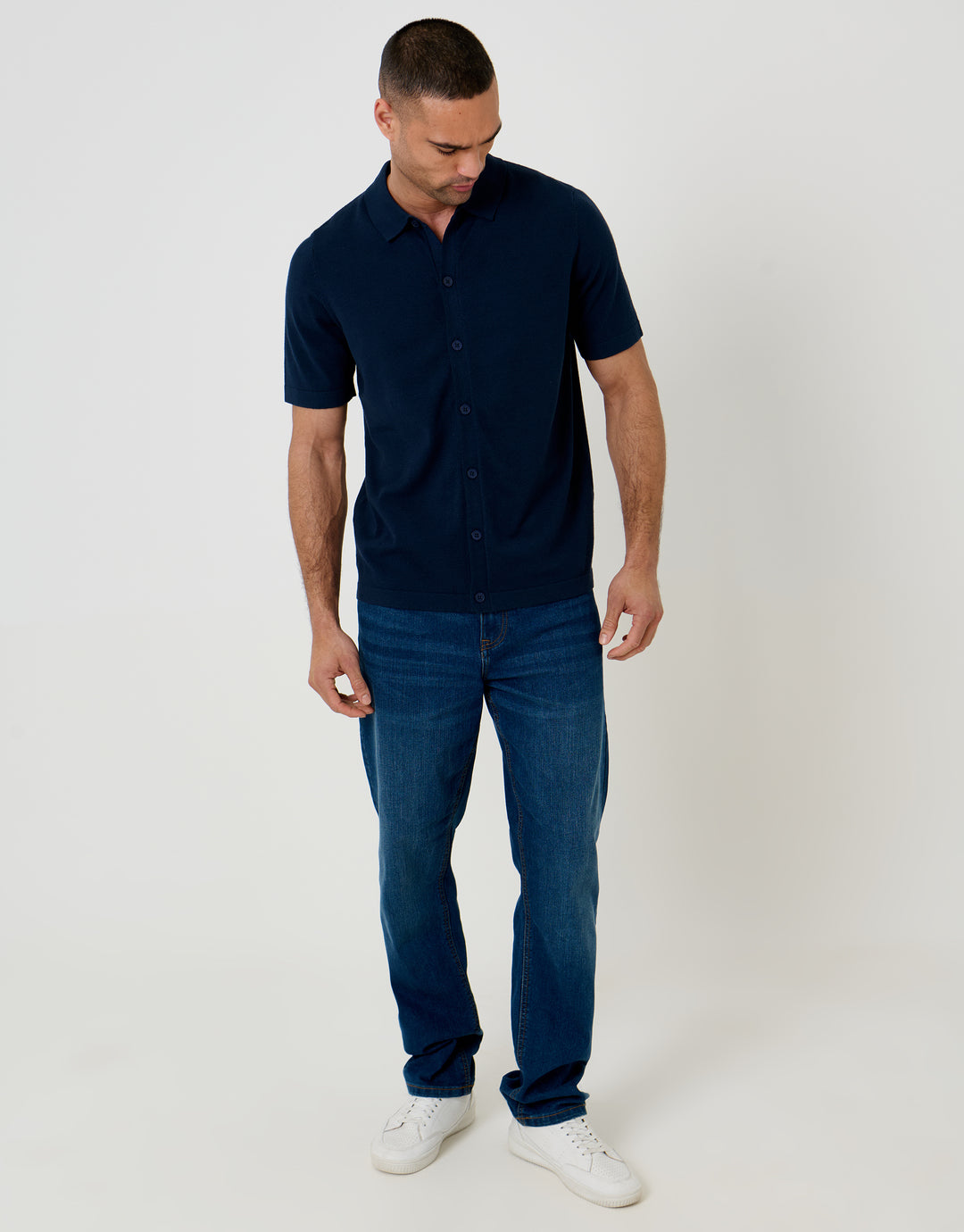 Threadbare Knitted Short Sleeve Shirt in Navy - full body
