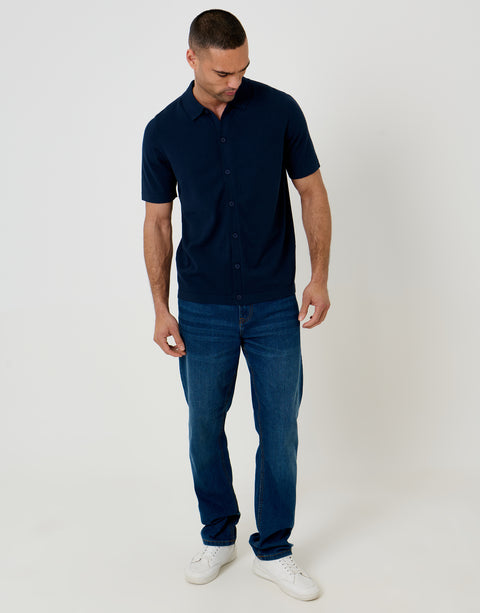 Threadbare Knitted Short Sleeve Shirt in Navy - full body