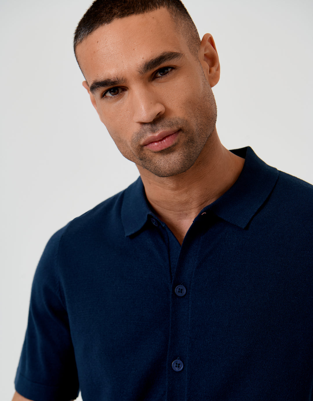 Threadbare Knitted Short Sleeve Shirt in Navy - front view close up