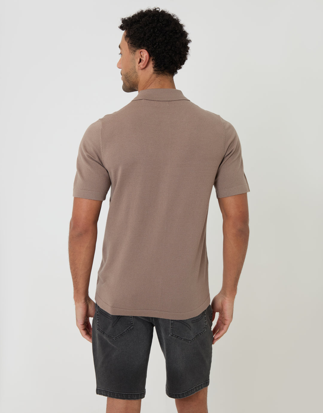 Threadbare Knitted Short Sleeve Shirt in Taupe - back view