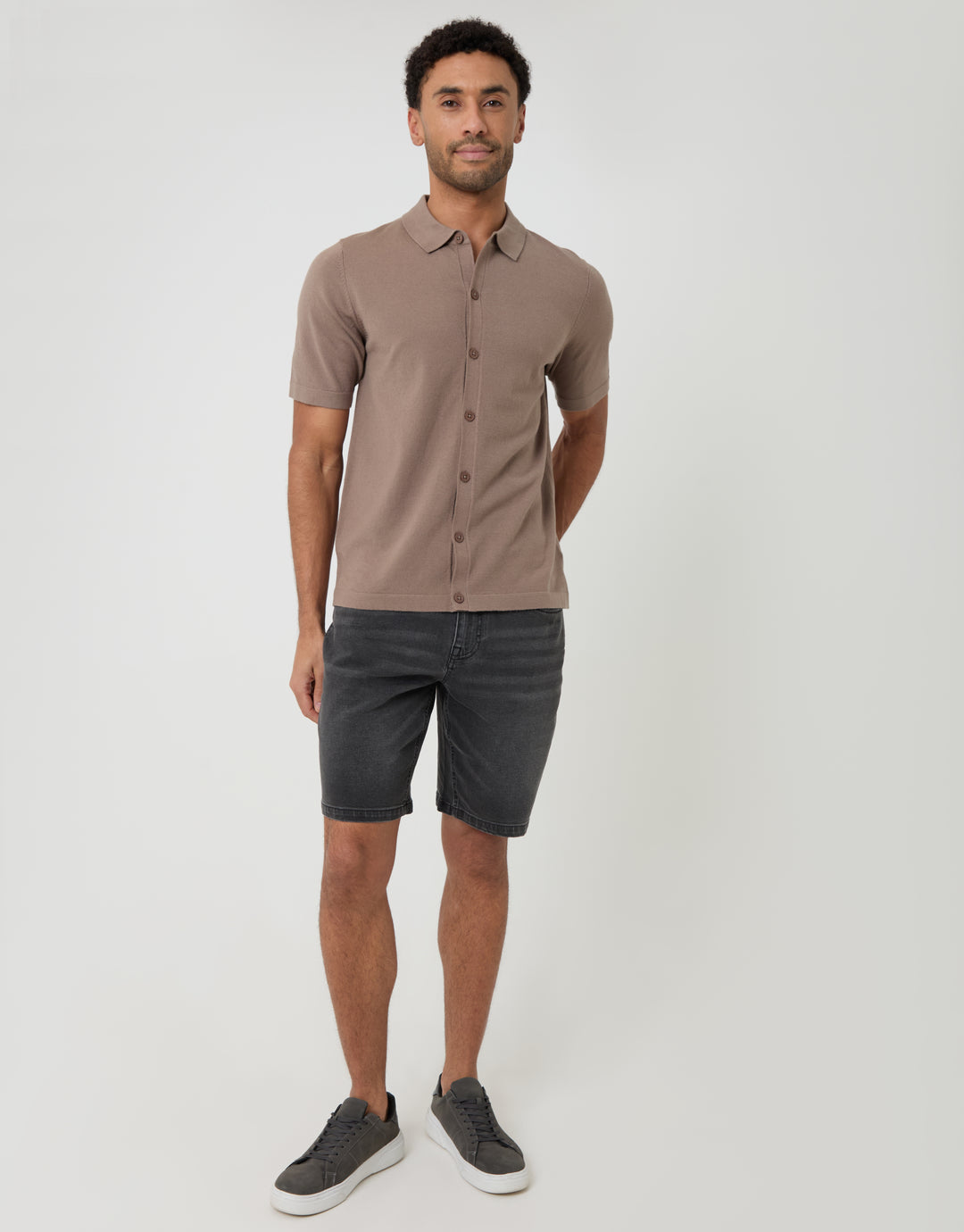 Threadbare Knitted Short Sleeve Shirt in Taupe - fully body 