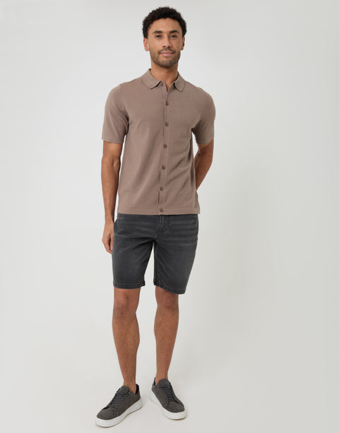 Threadbare Knitted Short Sleeve Shirt in Taupe - fully body 