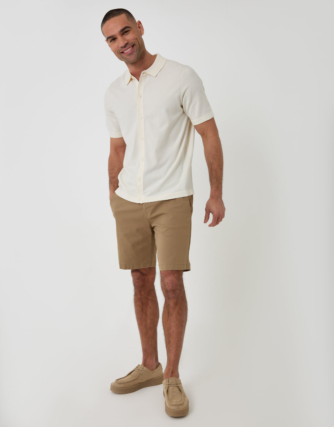 Threadbare Knitted Short Sleeve Shirt in Ecru - full body