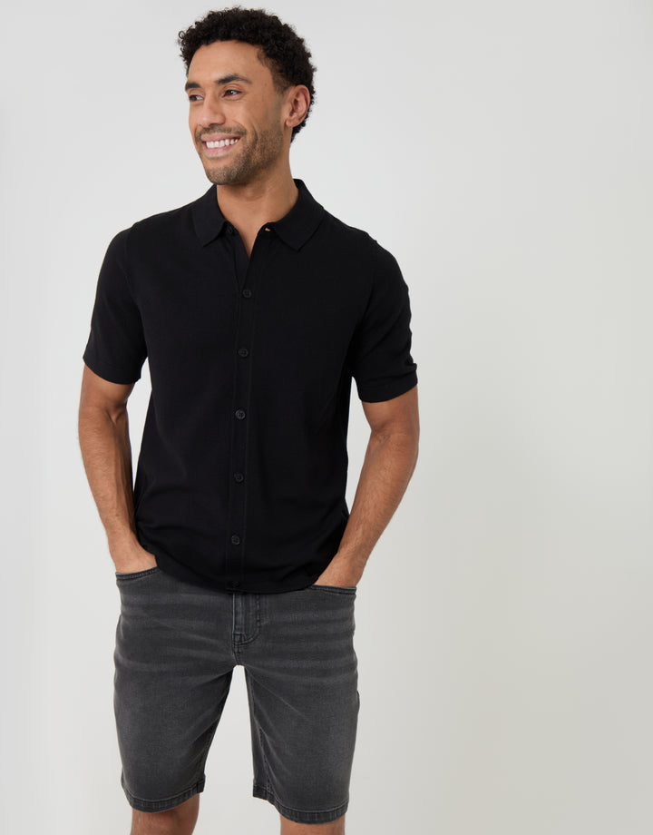 Threadbare Knitted Short Sleeve Shirt in Black - front view