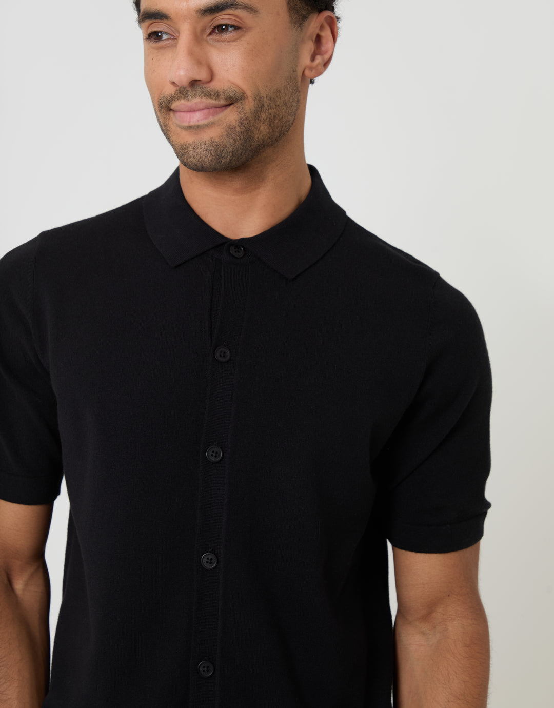 Threadbare Knitted Short Sleeve Shirt in Black - front view close up
