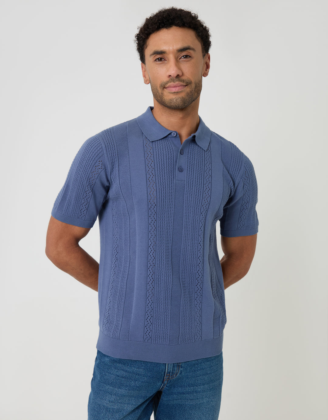 Blue Textured Stripe Knitted Polo