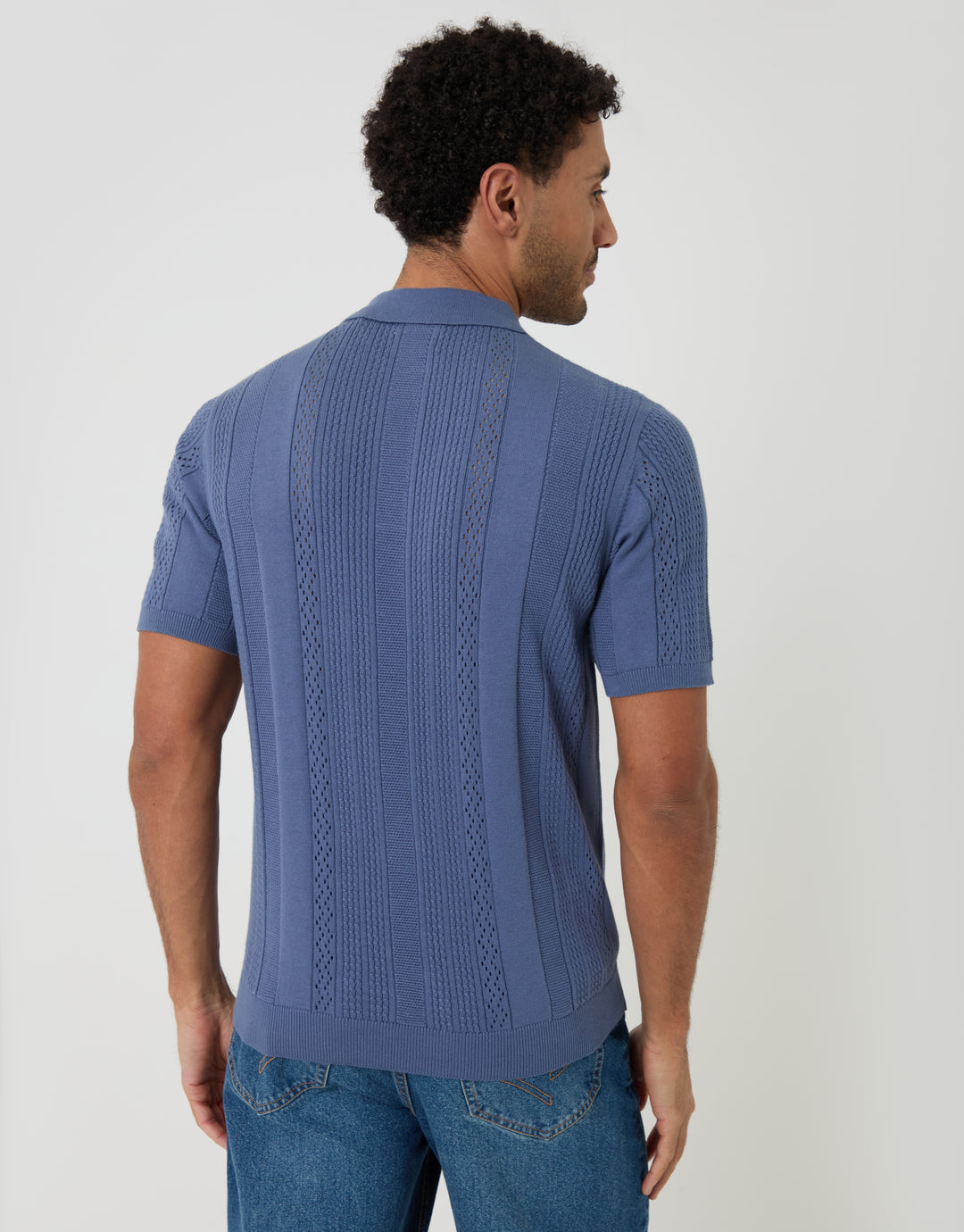 Blue Textured Stripe Knitted Polo