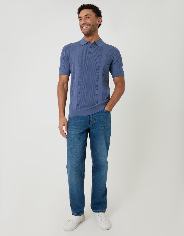 Blue Textured Stripe Knitted Polo