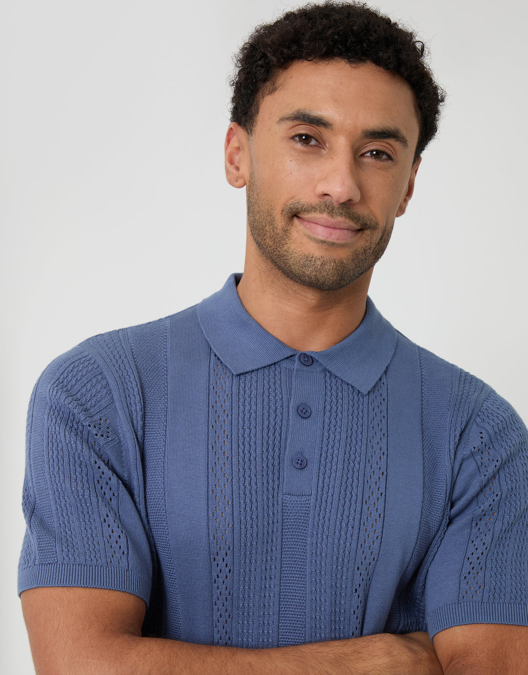 Blue Textured Stripe Knitted Polo