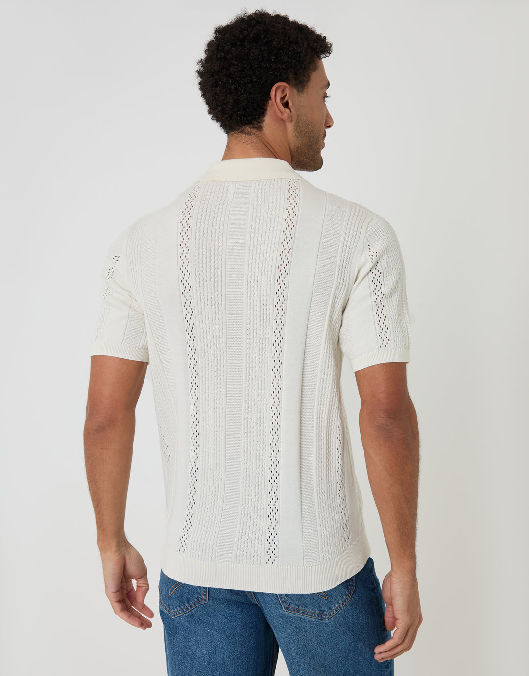 Ecru Textured Stripe Knitted Polo