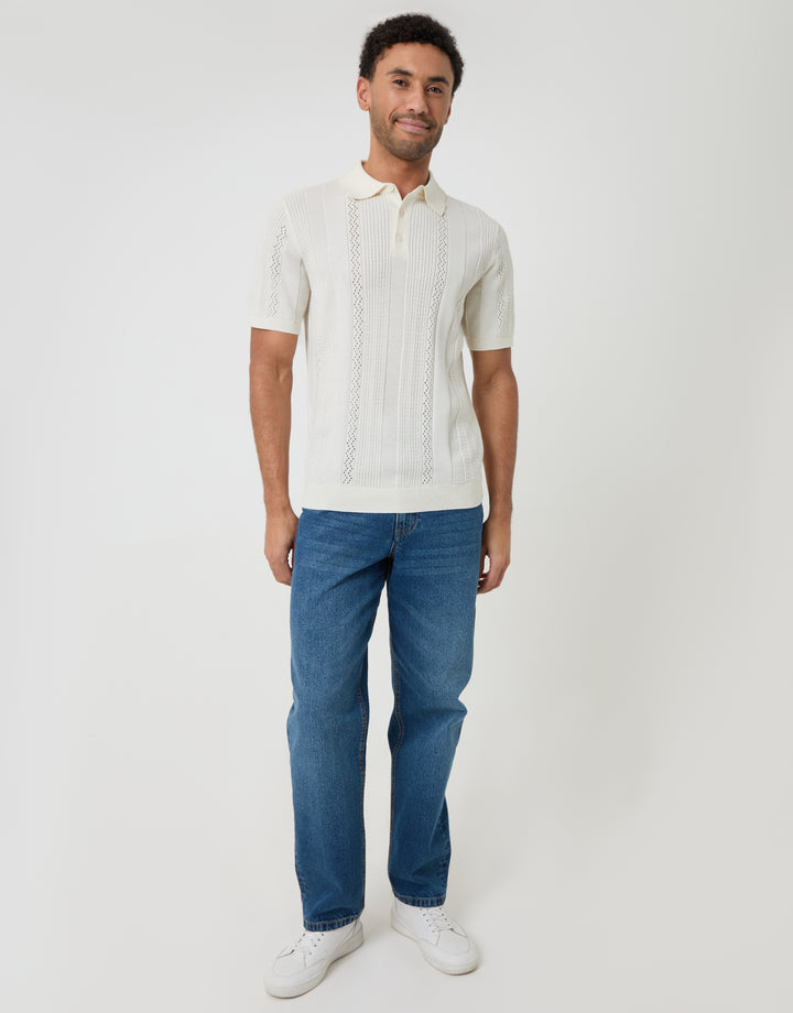 Ecru Textured Stripe Knitted Polo