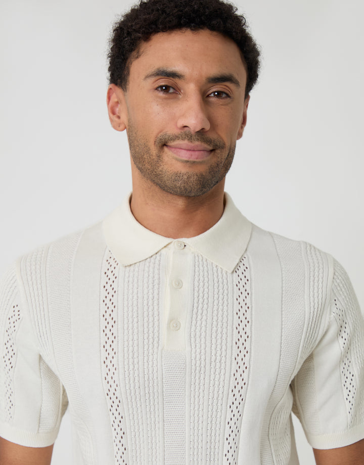 Ecru Textured Stripe Knitted Polo