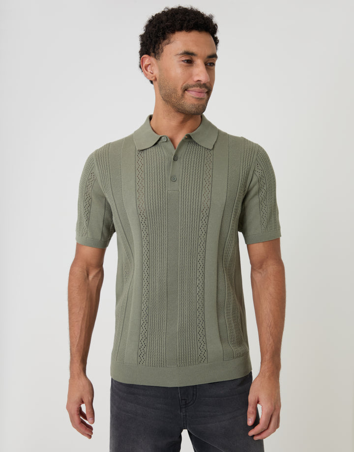 Threadbare Textured Stripe Knitted Polo in Sage Green - front view