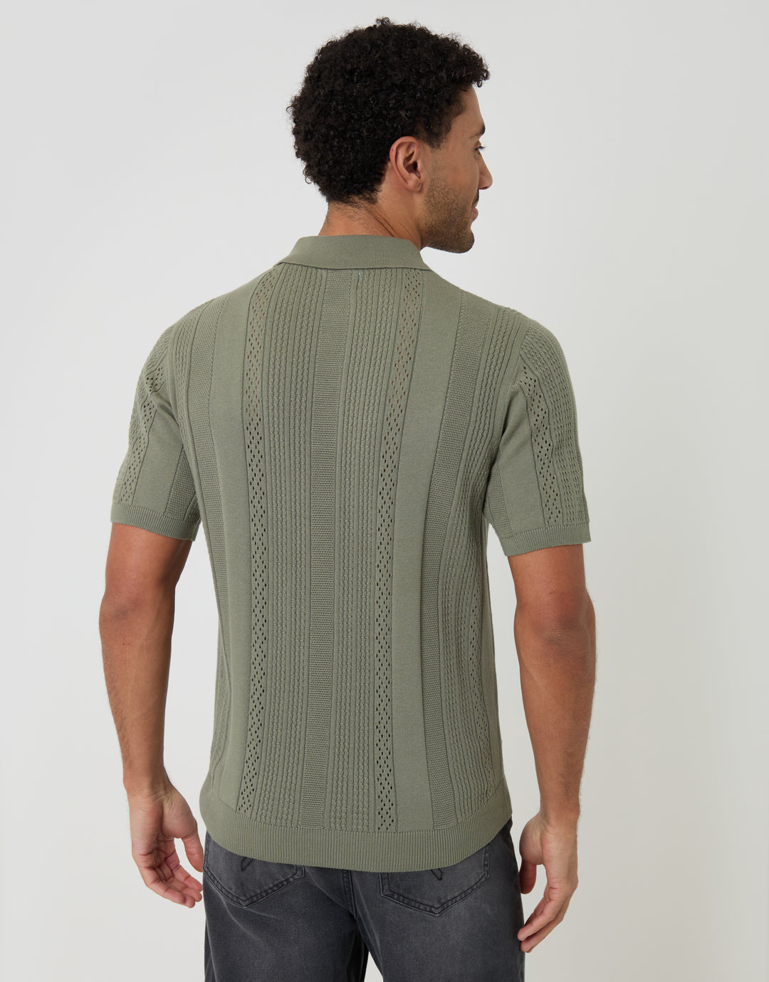 Threadbare Textured Stripe Knitted Polo in Sage Green - back view