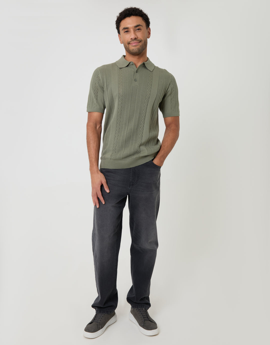 Threadbare Textured Stripe Knitted Polo in Sage Green - full body
