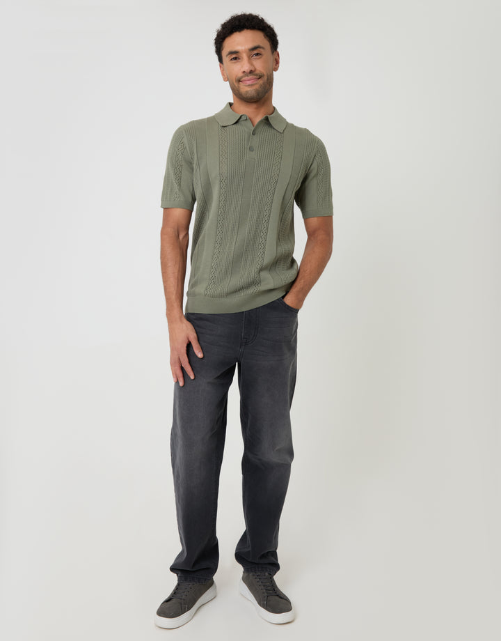 Threadbare Textured Stripe Knitted Polo in Sage Green - full body