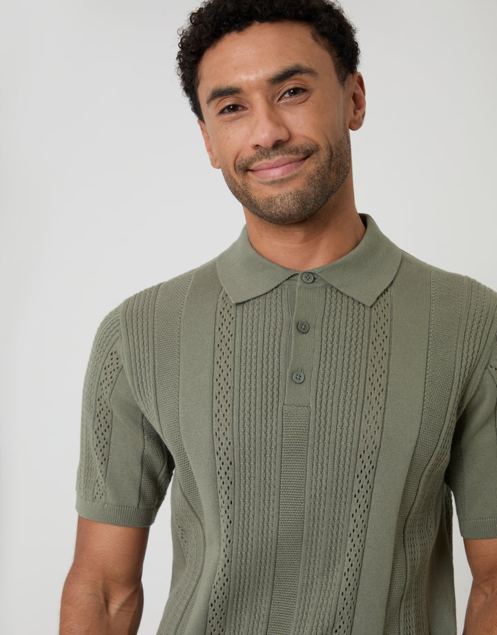 Threadbare Textured Stripe Knitted Polo in Sage Green - front view close up
