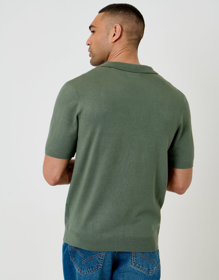 Threadbare Textured Knit Front Trophy Neck Polo in Forest Green - back view