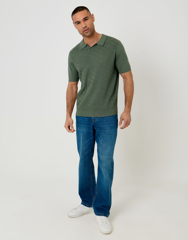 Threadbare Textured Knit Front Trophy Neck Polo in Forest Green - full body