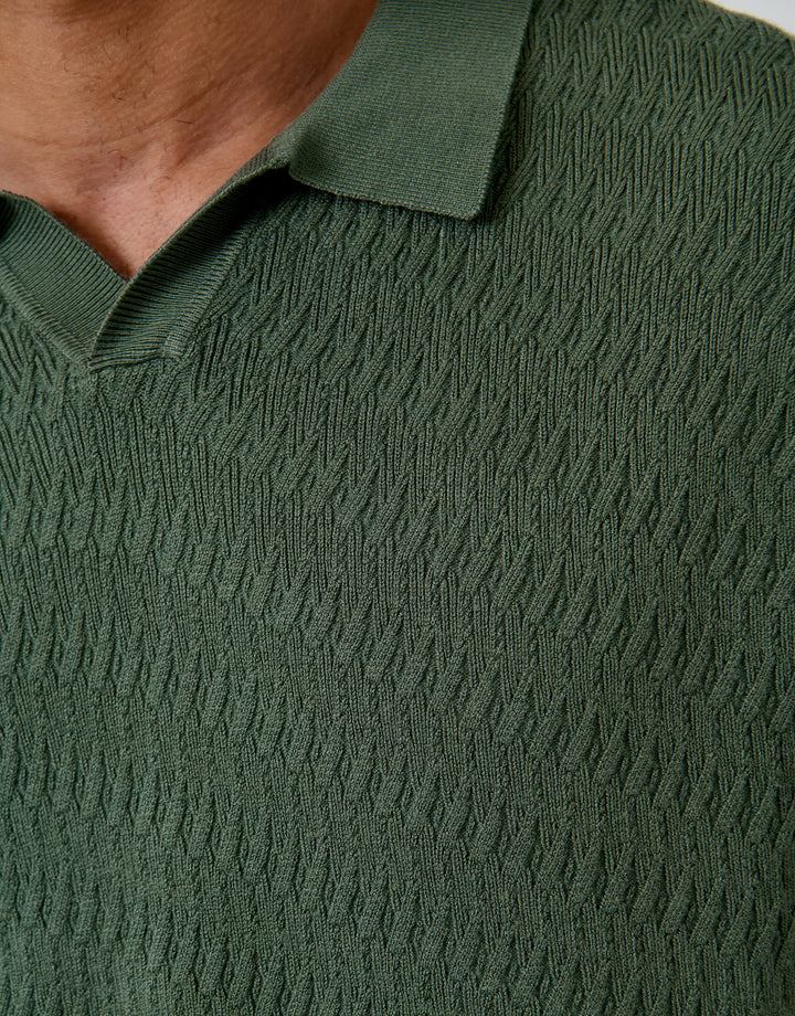 Threadbare Textured Knit Front Trophy Neck Polo in Forest Green - fabric close up