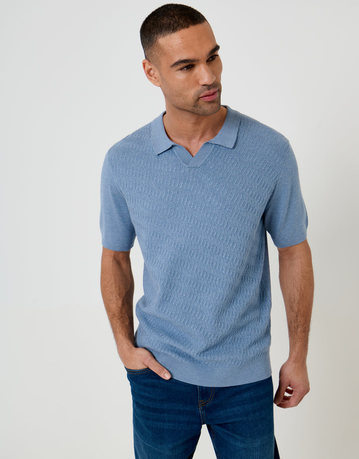 Threadbare Textured Knit Front Trophy Neck Polo in Denim Blue - front view
