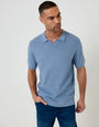 Threadbare Textured Knit Front Trophy Neck Polo in Denim Blue - front view
