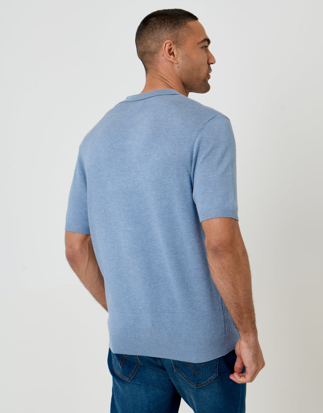 Threadbare Textured Knit Front Trophy Neck Polo in Denim Blue - back view