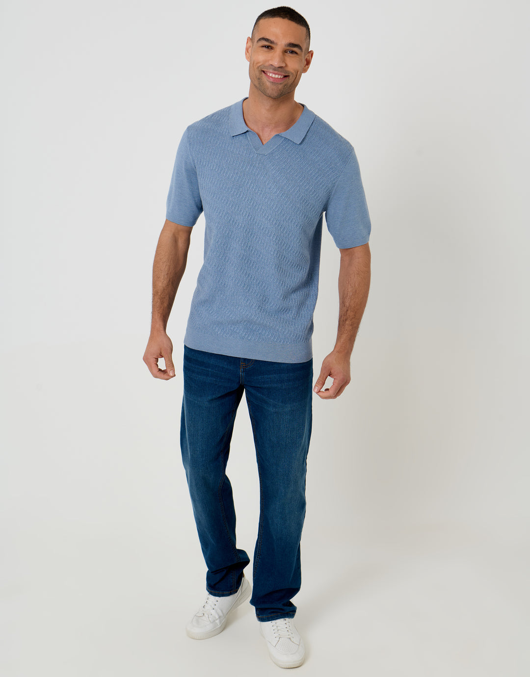 Threadbare Textured Knit Front Trophy Neck Polo in Denim Blue - full body