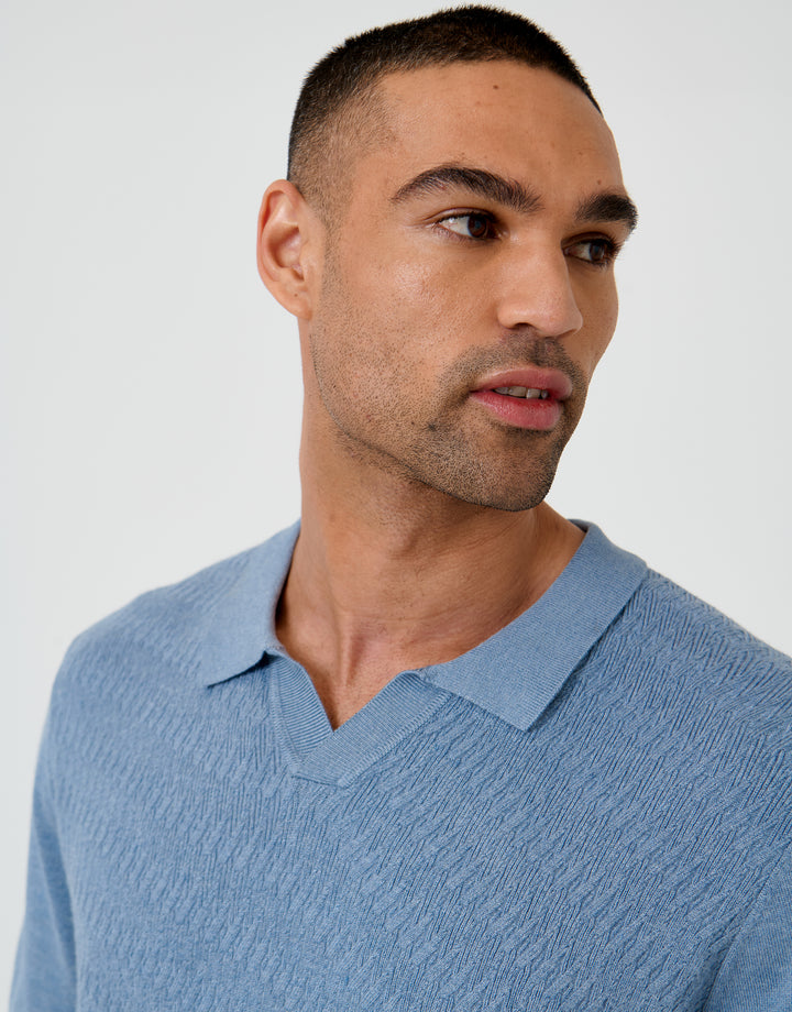 Threadbare Textured Knit Front Trophy Neck Polo in Denim Blue - front view close up
