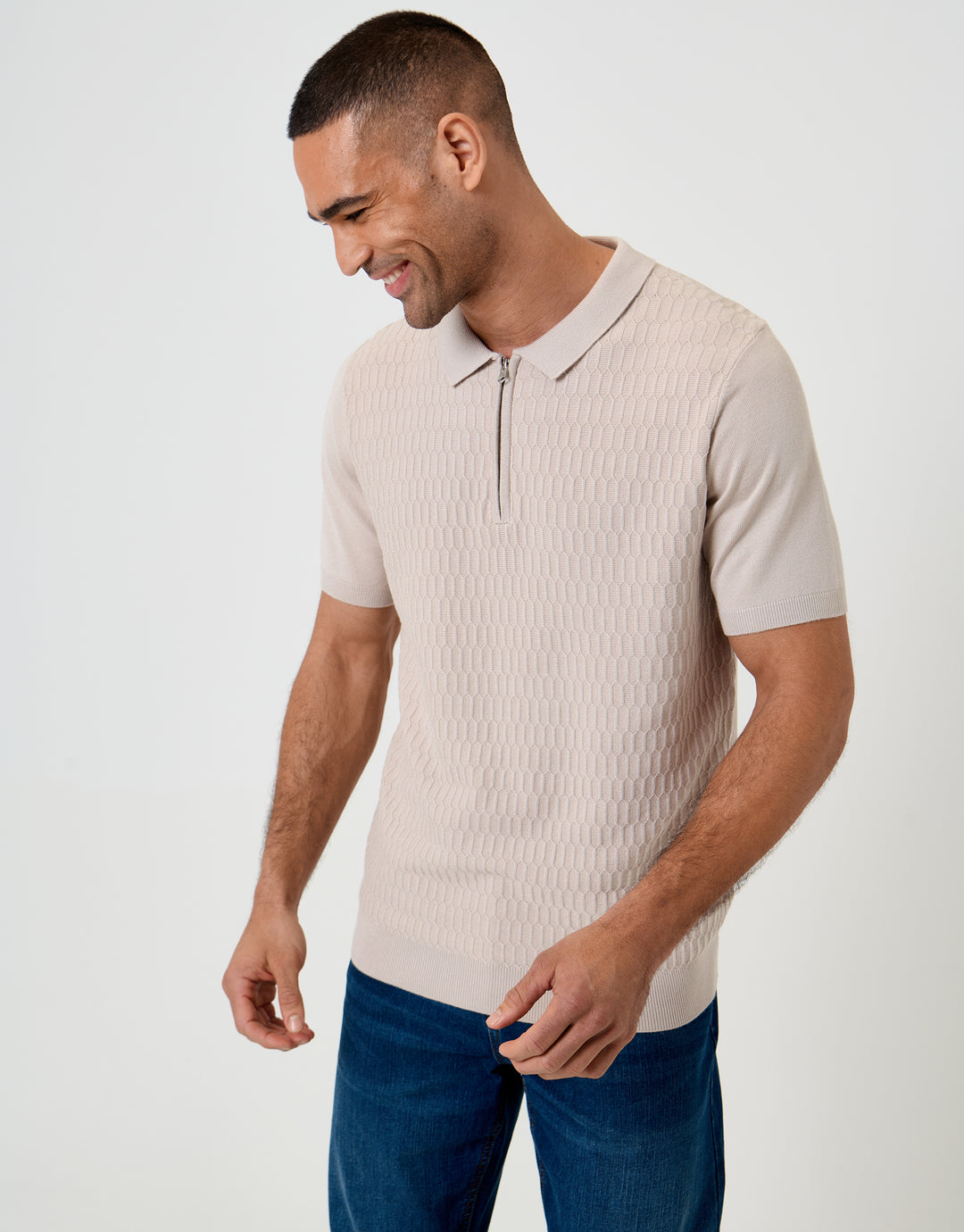 Threadbare Textured Knit Quarter Zip Polo in Taupe - front view