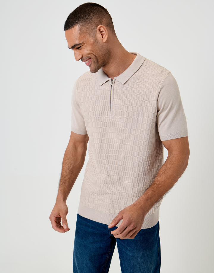 Threadbare Textured Knit Quarter Zip Polo in Taupe - front view