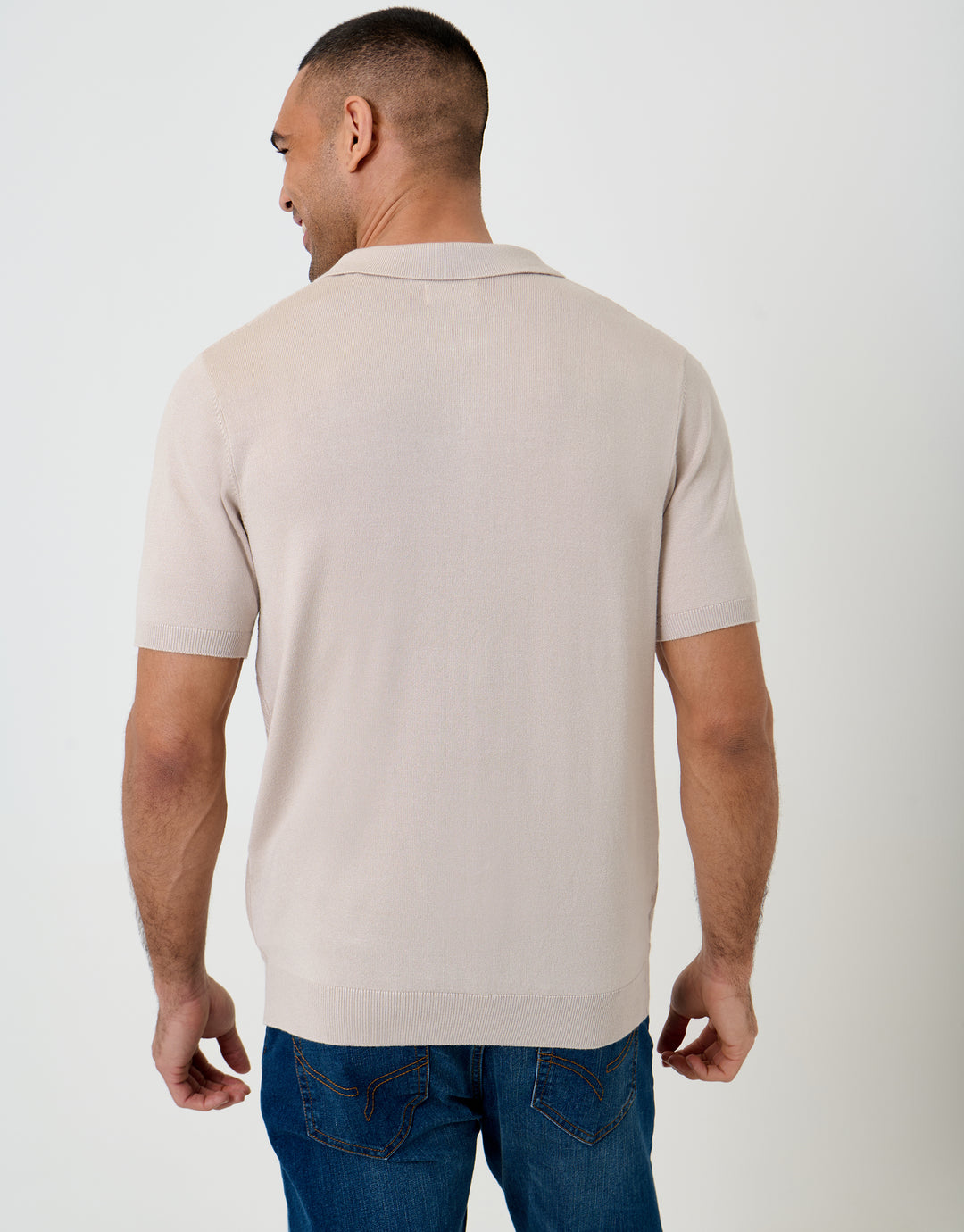 Threadbare Textured Knit Quarter Zip Polo in Taupe - back view