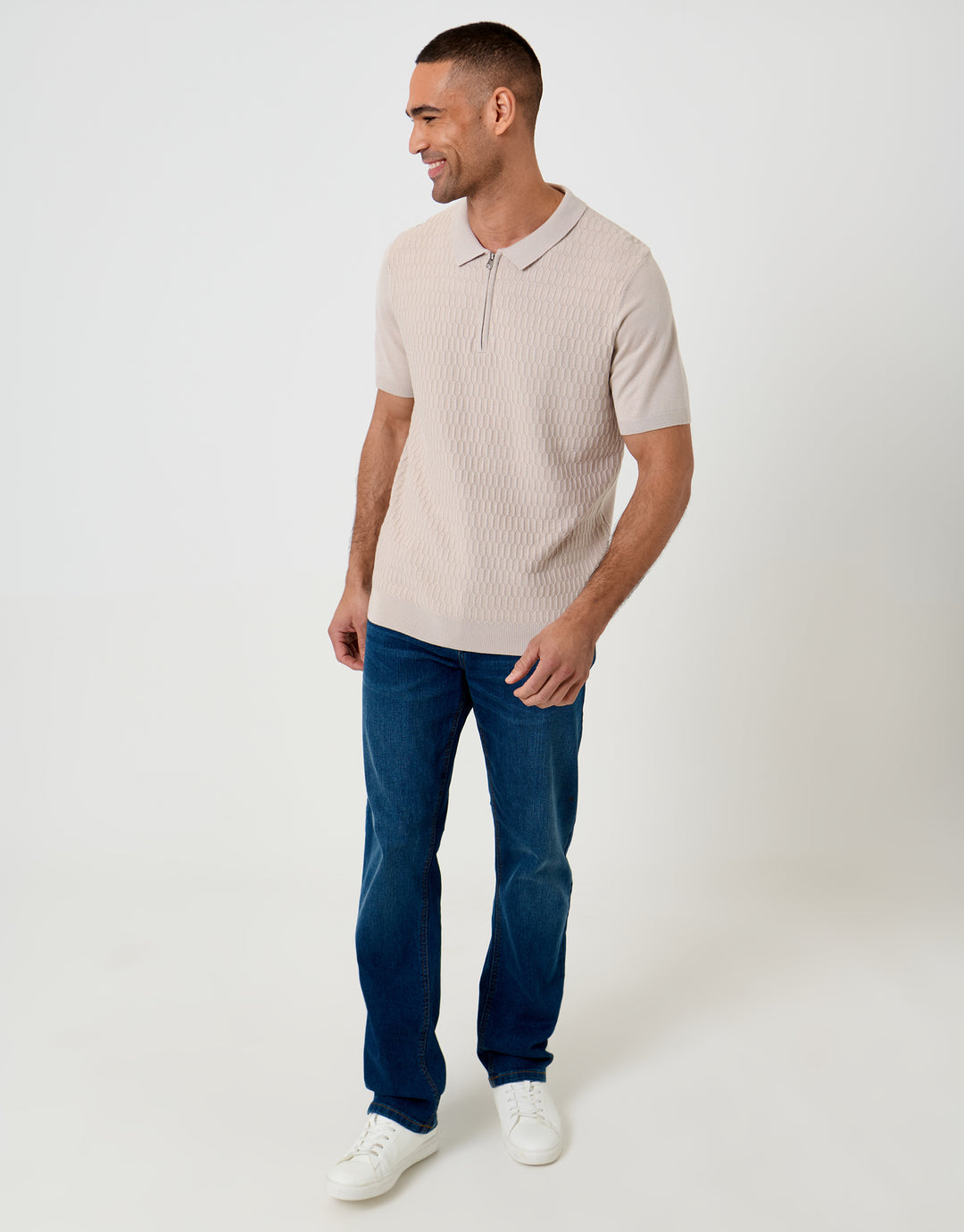 Threadbare Textured Knit Quarter Zip Polo in Taupe - full body