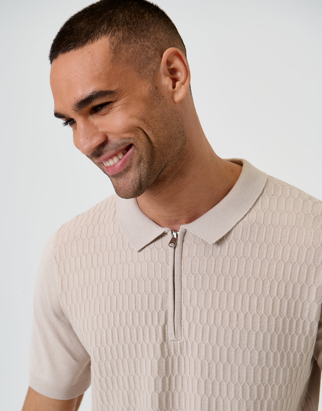 Threadbare Textured Knit Quarter Zip Polo in Taupe - collar close up