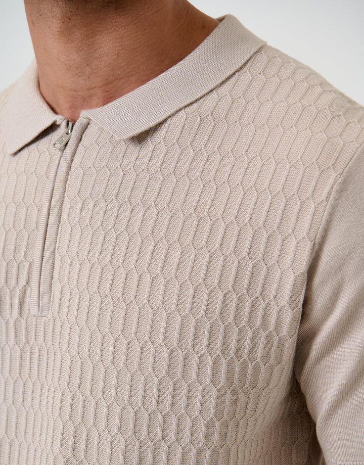 Threadbare Textured Knit Quarter Zip Polo in Taupe - fabric close up