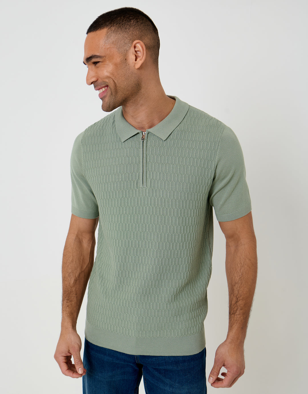 Sage Green Textured Knit Quarter Zip Polo