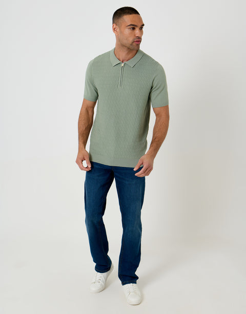 Threadbare Textured Knit Quarter Zip Polo in Sage Green - full body