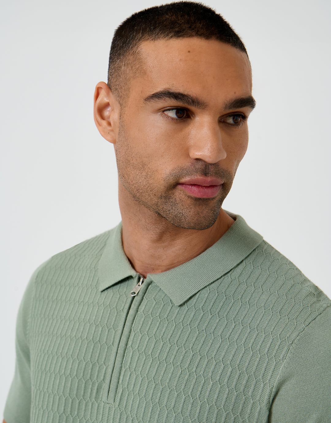 Sage Green Textured Knit Quarter Zip Polo